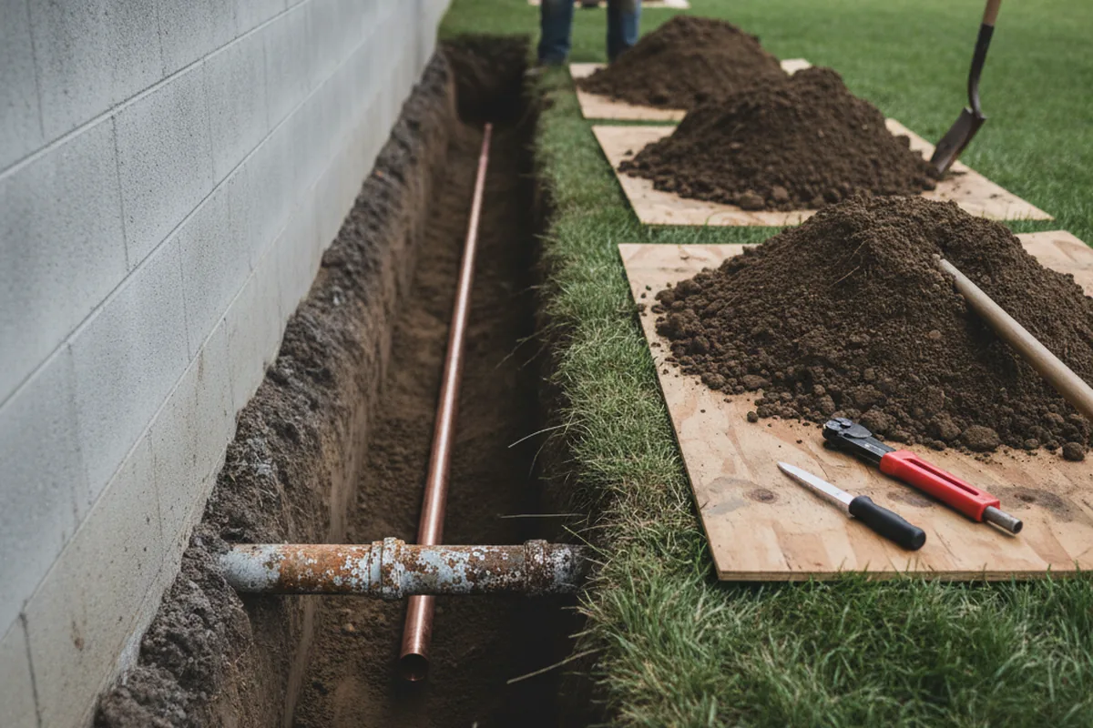 Excavated water line trench during Water Softener Installation in Alpine